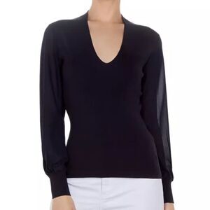 Ted Baker 4 L BRYANNA Navy V-Neck Fine Knit Chiffon Sheer Sleeve Sweater